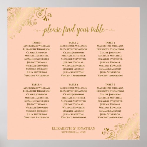 6 Table Coral Peach  Gold Wedding Seating Chart