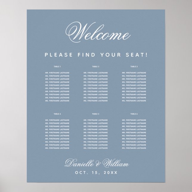 6 Table Dusty Blue Simple  Wedding Seating Chart (Front)