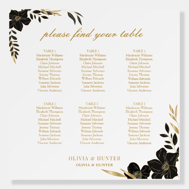 6 Table Elegant Black and White Wedding Seating  Foam Board (Front)