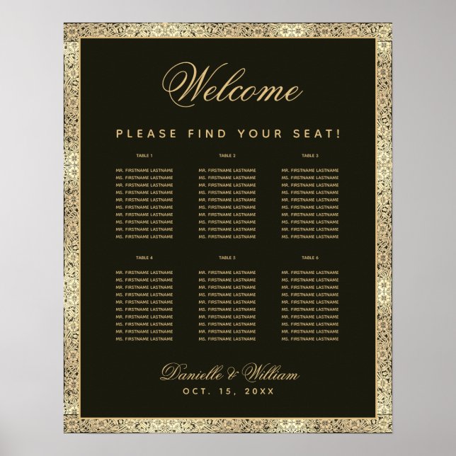 6 Table Elegant Black Gold Wedding Seating Chart (Front)