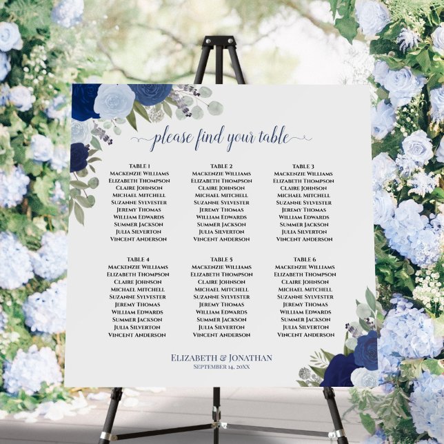 6 Table Elegant Blue Floral Wedding Seating Chart Foam Board (In Situ on Stand with Flowers)