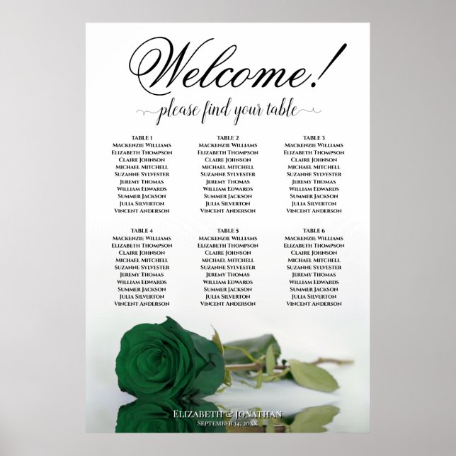 6 Table Elegant Emerald Green Rose Seating Chart (Front)