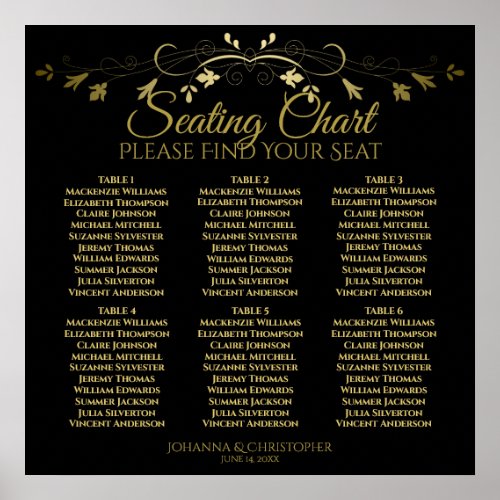 6 Table Elegant Gold  Black Wedding Seating Chart