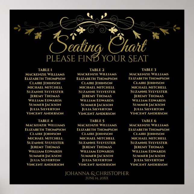 6 Table Elegant Gold & Black Wedding Seating Chart (Front)