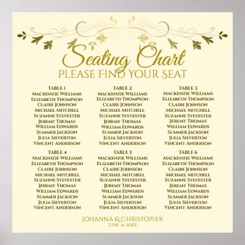 6 Table Elegant Gold  Cream Wedding Seating Chart