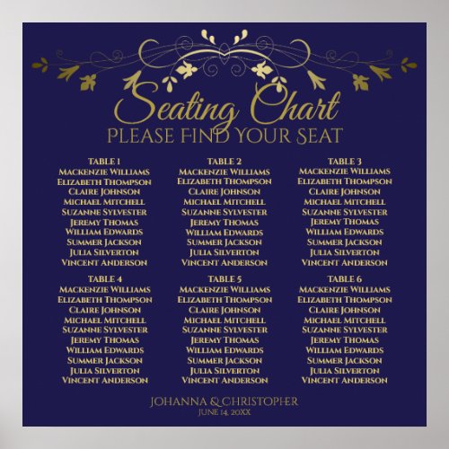 6 Table Elegant Gold  Navy Wedding Seating Chart