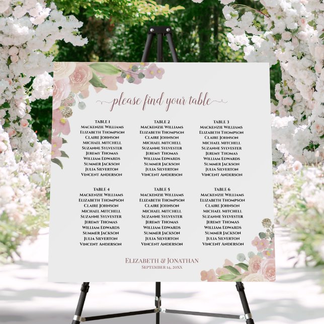 6 Table Elegant Pink Floral Wedding Seating Chart Foam Board (In Situ on Stand with Flowers)