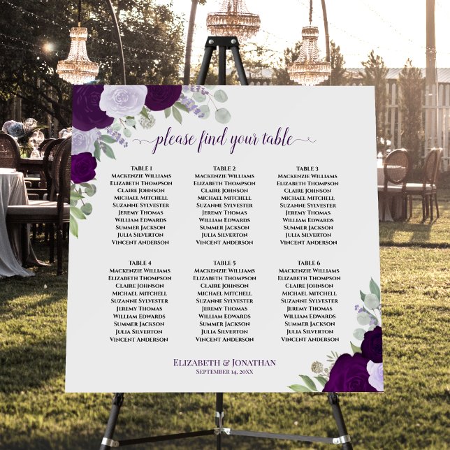 6 Table Elegant Purple Roses Wedding Seating Chart Foam Board (In Situ on Stand at Reception)
