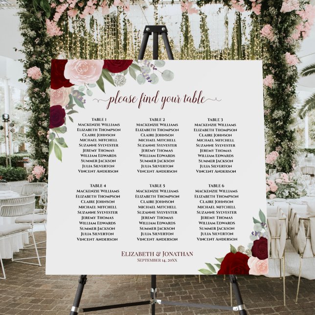 6 Table Elegant Red & Pink Floral Seating Chart Foam Board (In Situ on Stand at Reception)