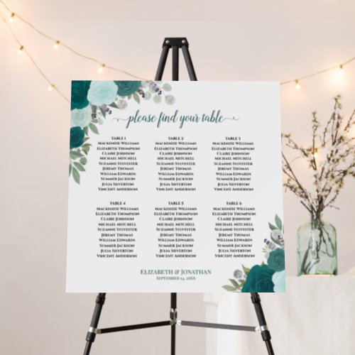 6 Table Elegant Teal Floral Wedding Seating Chart Foam Board
