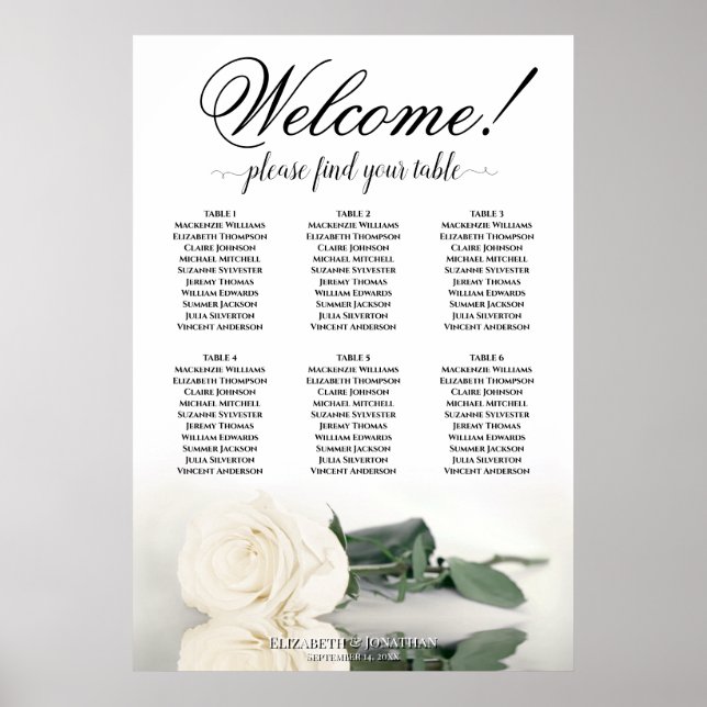 6 Table Elegant White Rose Wedding Seating Chart (Front)