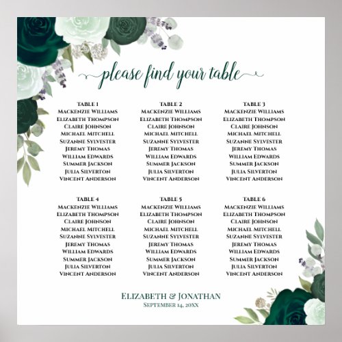 6 Table Emerald Green Floral Wedding Seating Chart
