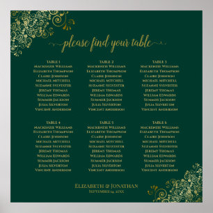6 Table Emerald Green & Gold Wedding Seating Chart