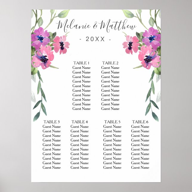 6 Table | Eucalyptus Floral Wedding Seating Chart (Front)