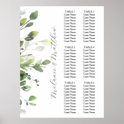 6 Table Eucalyptus Greenery Wedding Seating Chart