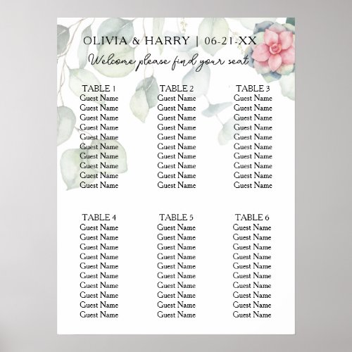 6 Table Floral Greenery Wedding Seating Chart