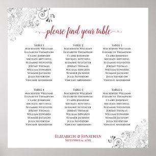 6 Table Frilly Wedding Seating Chart Red on White