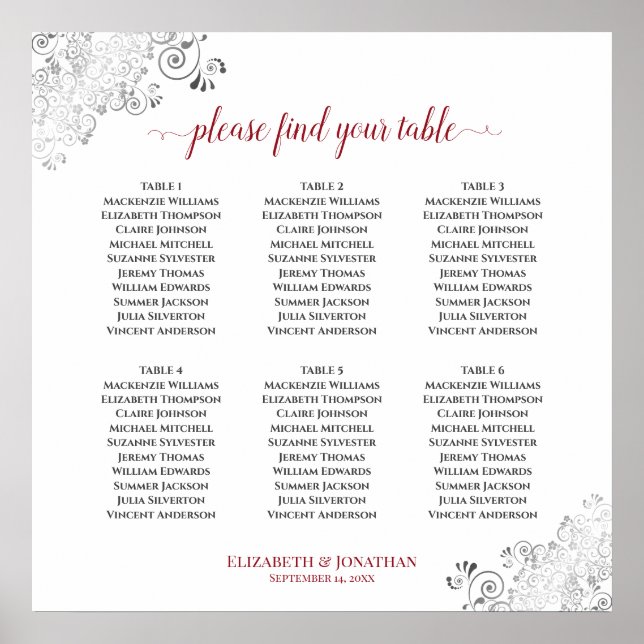 6 Table Frilly Wedding Seating Chart Red on White (Front)