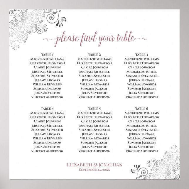 6 Table Frilly Wedding Seating Chart Rose on White (Front)