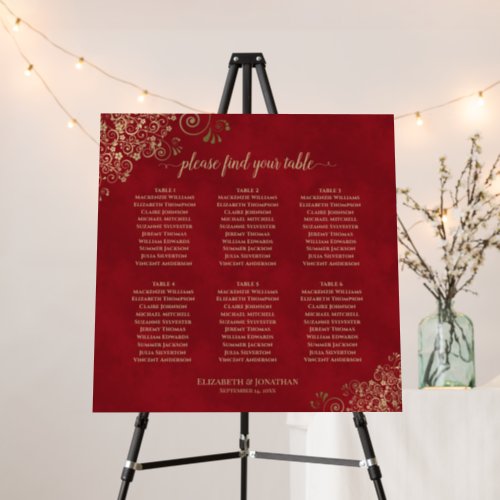 6 Table Gold  Crimson Red Wedding Seating Chart Foam Board