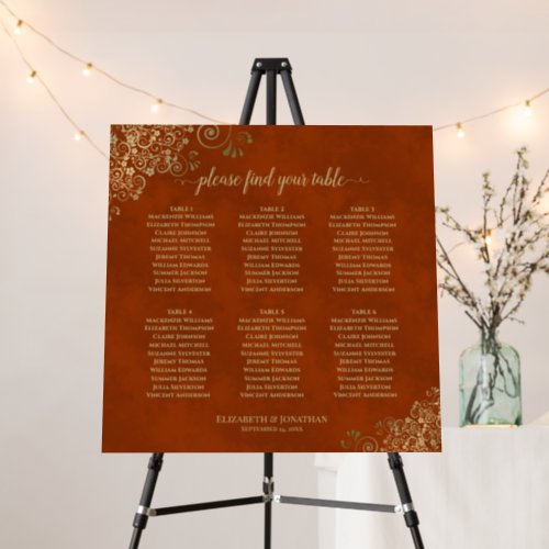 6 Table Gold  Rust Orange Wedding Seating Chart Foam Board