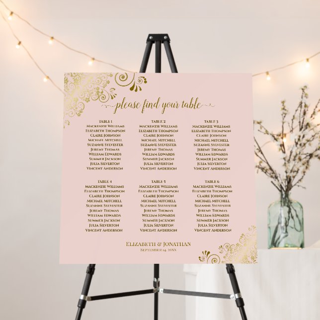 6 Table Golden Frills Pink Wedding Seating Chart Foam Board (In Situ (Stand))