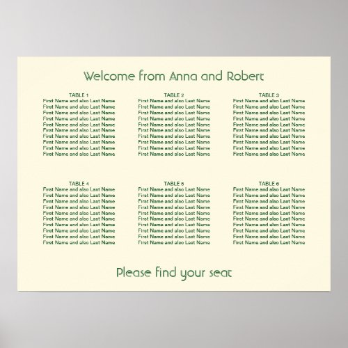 6 Table Ivory Cream Dark Green Seating Chart