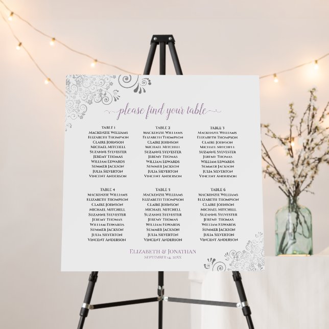 6 Table Lacy Silver & Lavender White Seating Chart Foam Board (In Situ (Stand))