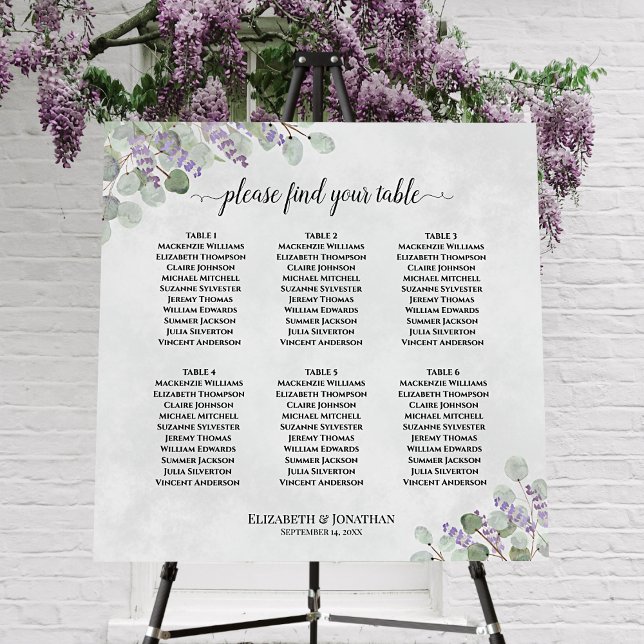 6 Table Lavender Eucalyptus Wedding Seating Chart Foam Board (In Situ on Stand)