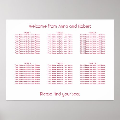6 Table Minimalist Magenta Red Seating Chart