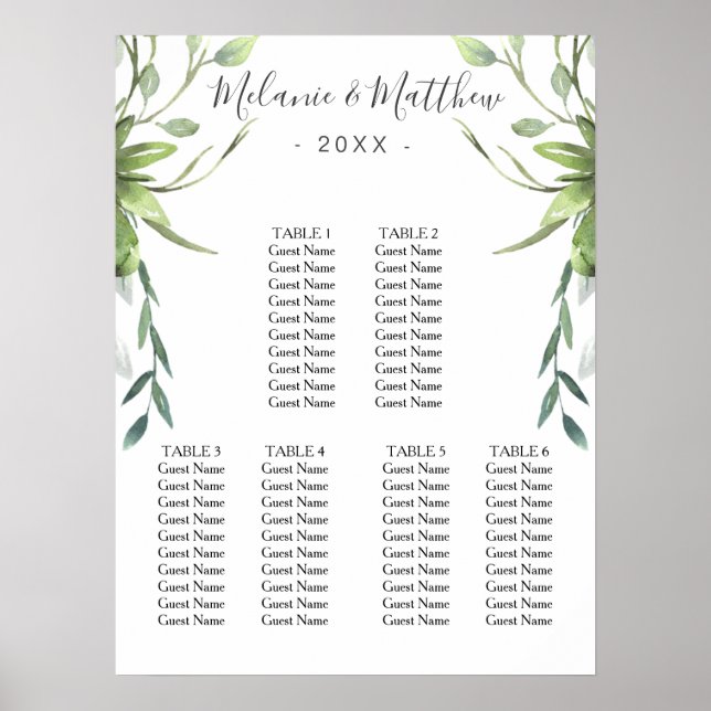 6 Table Modern Eucalyptus Wedding Seating Chart (Front)