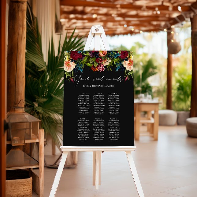 6 table Moody Floral Black Wedding Seating Plan Foam Board (Creator Uploaded)