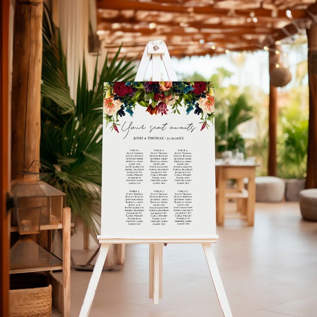 6 table Moody Floral Burgundy Wedding Seating Plan Foam Board (Creator Uploaded)