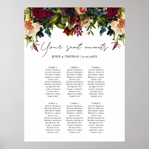 6 table Moody Floral Burgundy Wedding Seating Plan Poster