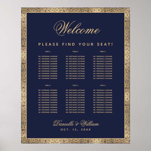 6 Table Navy Blue Gold Roses Wedding Seating Chart