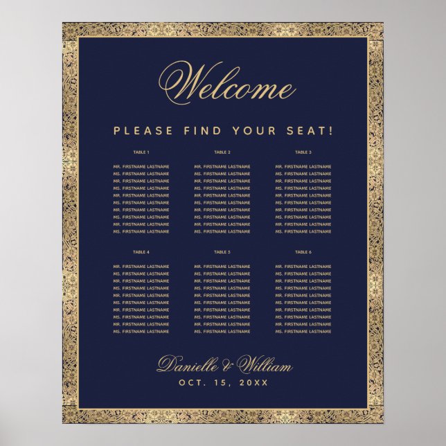 6 Table Navy Blue Gold Roses Wedding Seating Chart (Front)