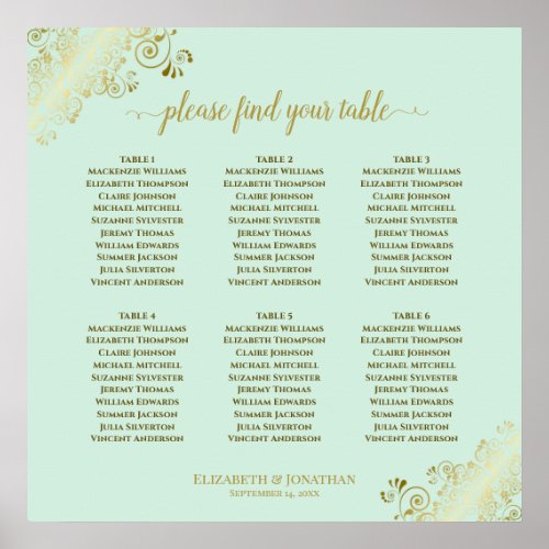 6 Table Neo Mint  Gold Wedding Seating Chart