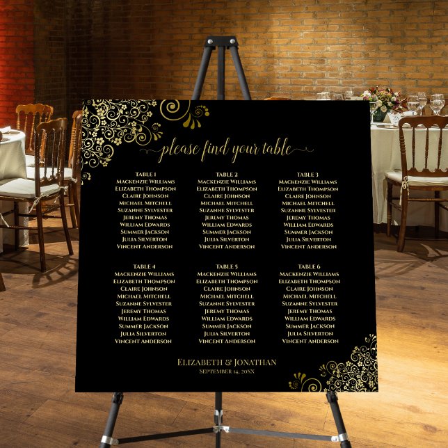 6 Table Ornate Gold & Black Wedding Seating Chart Foam Board (In Situ on Stand at Reception)