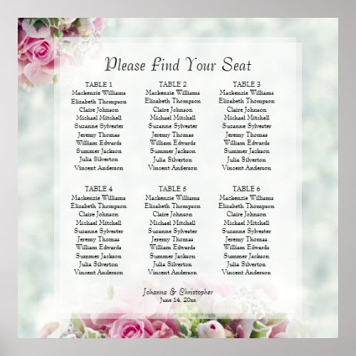 6 Table Pink Roses Wedding Seating Chart