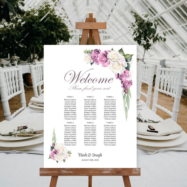 6 Table Pink White Floral Wedding Seating Chart Foam Board (Creator Uploaded)