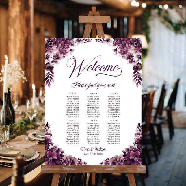 6 Table Plum Pink Floral Wedding Seating Chart Foam Board (Creator Uploaded)