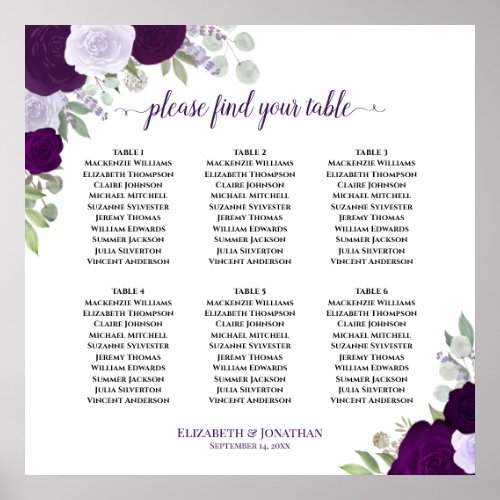 6 Table Purple Floral Boho Wedding Seating Chart