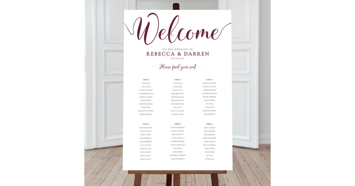 Seat Map Ruby 6 Table Ruby Red Burgundy Maroon Seating Chart | Zazzle