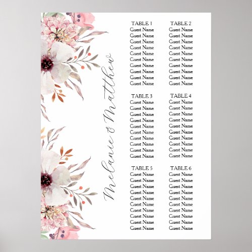 6 Table  Rustic Boho Floral Wedding Seating Chart