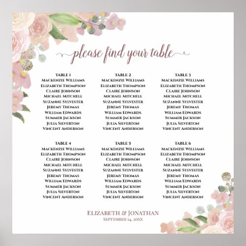 6 Table Rustic Pink Floral Wedding Seating Chart