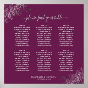 6 Table Silver Cassis Purple Wedding Seating Chart