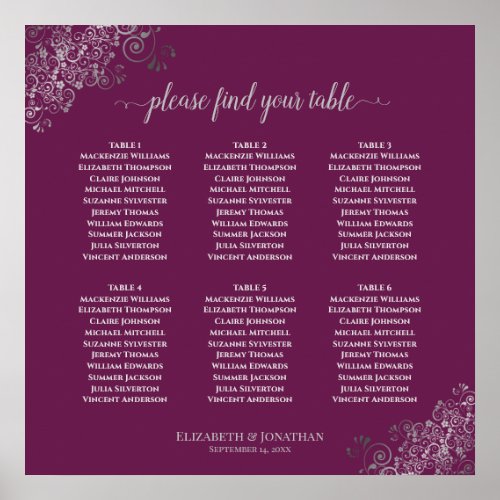 6 Table Silver Cassis Purple Wedding Seating Chart