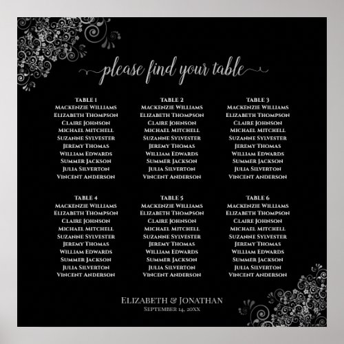 6 Table Silver Lace Black Wedding Seating Chart