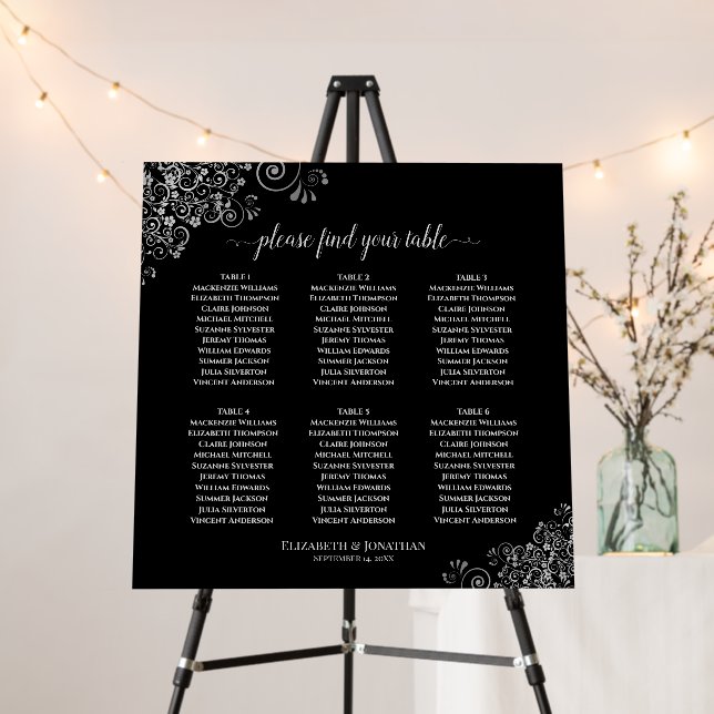 6 Table Silver Lace on Black Elegant Seating Chart Foam Board (In Situ (Stand))