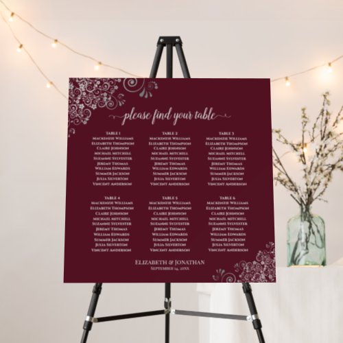 6 Table Silver Lace on Burgundy Seating Chart Foam Board